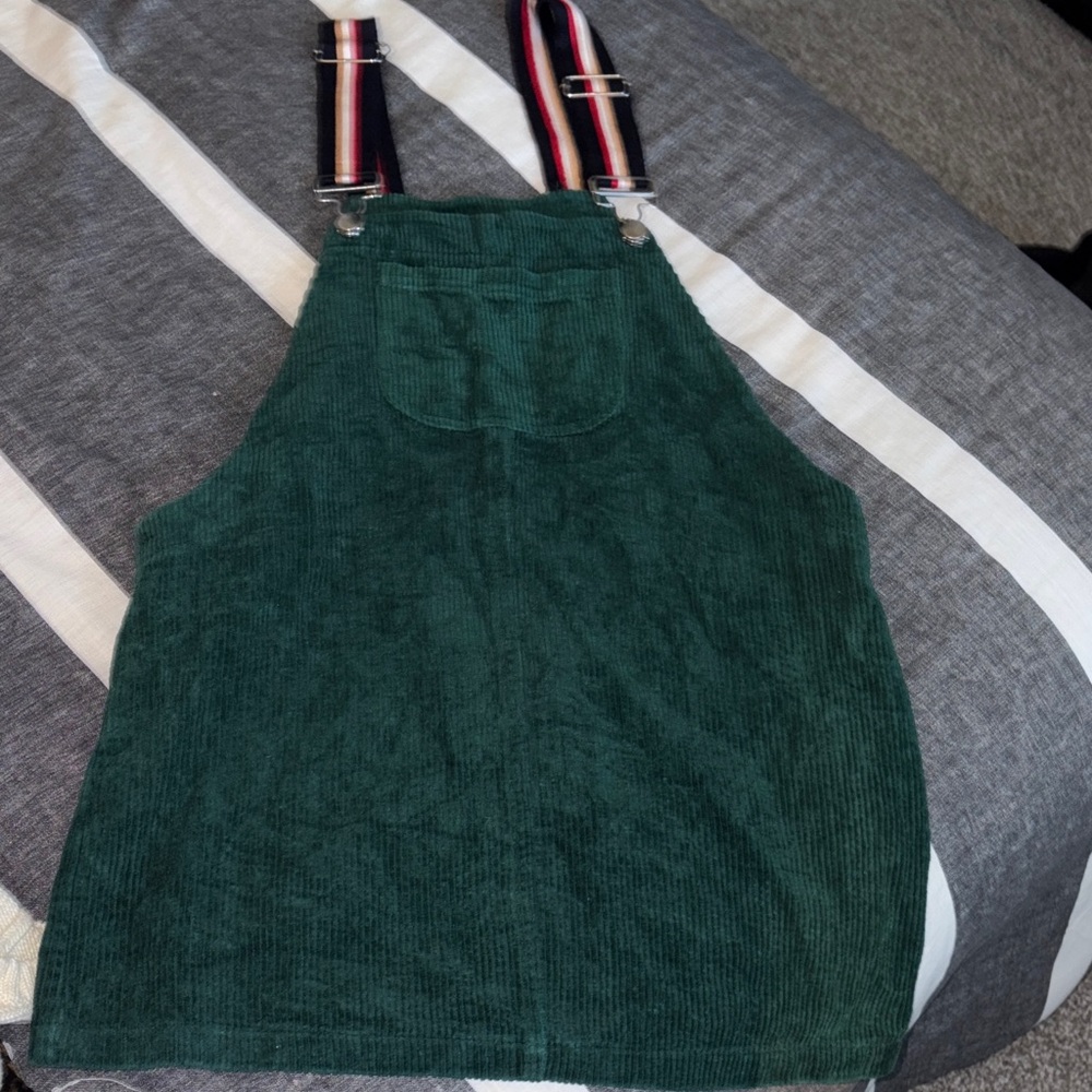 Green Corduroy Pinafore Dress with Striped Straps